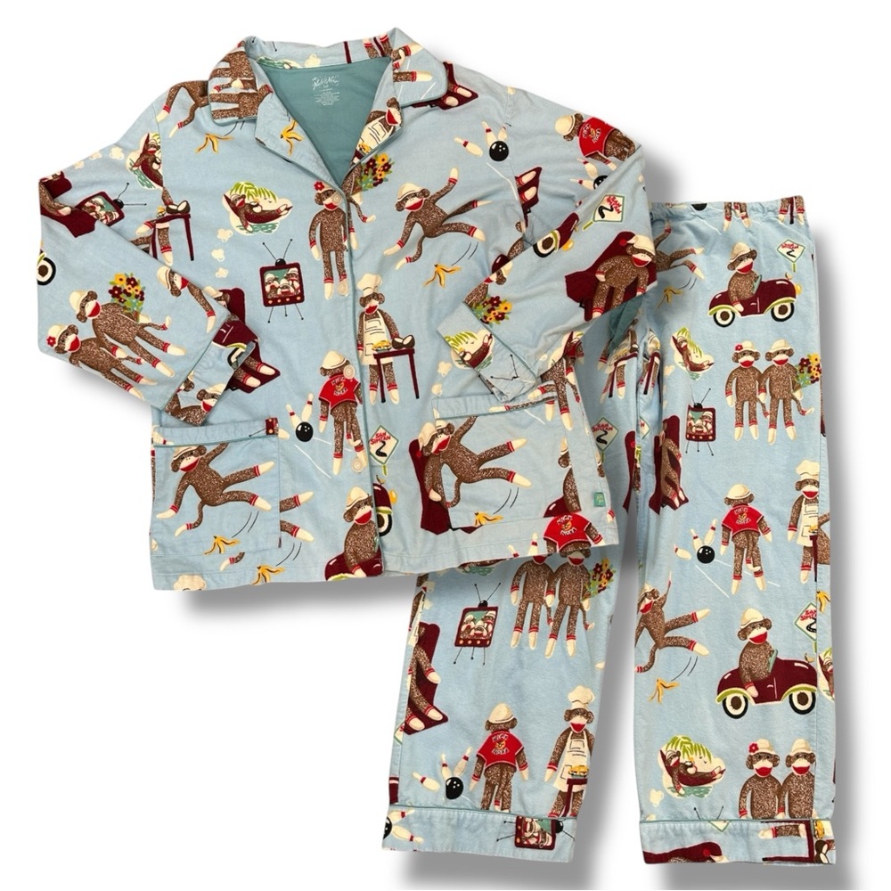 Nick & Nora Blue Sock Monkeys Pajamas Sleepwear Womens XXL - Picture 2 of 11